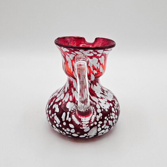 Pilgrim Glass Mini Pitcher Red Cranberry White Splatter Handle Spout Vintage - Picture 3 of 10